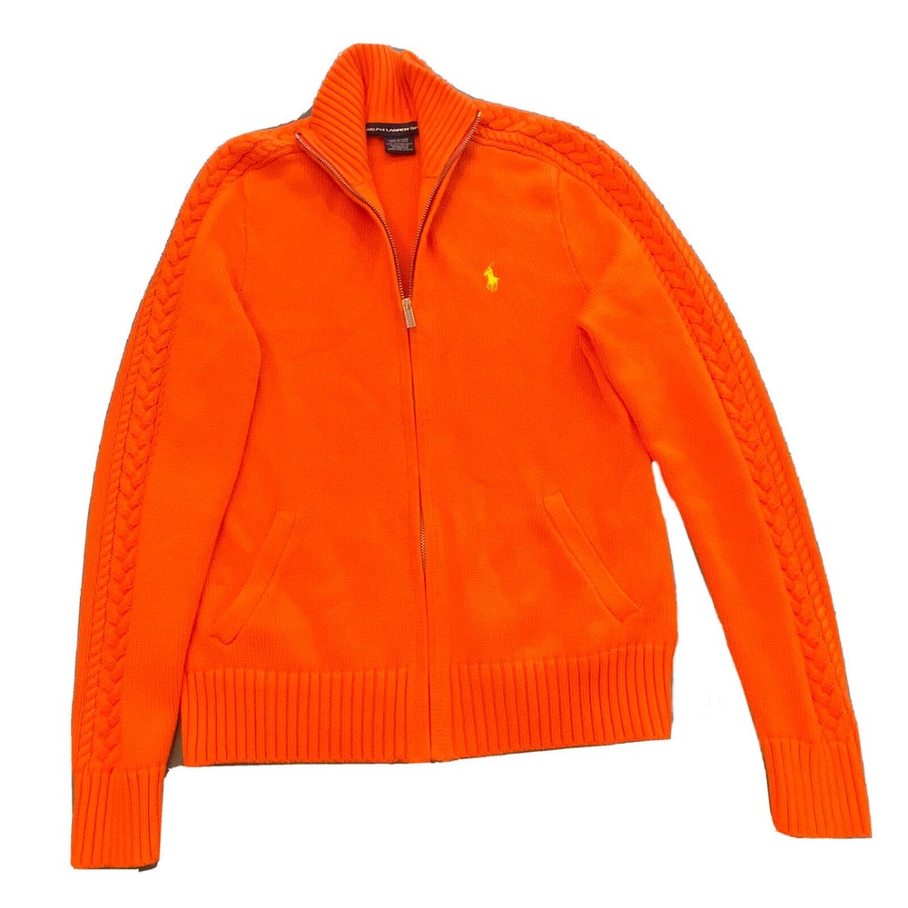 RALPH LAUREN SPORT Womens Cardigan Zip Up Jumper Medium Orange Collared 2003